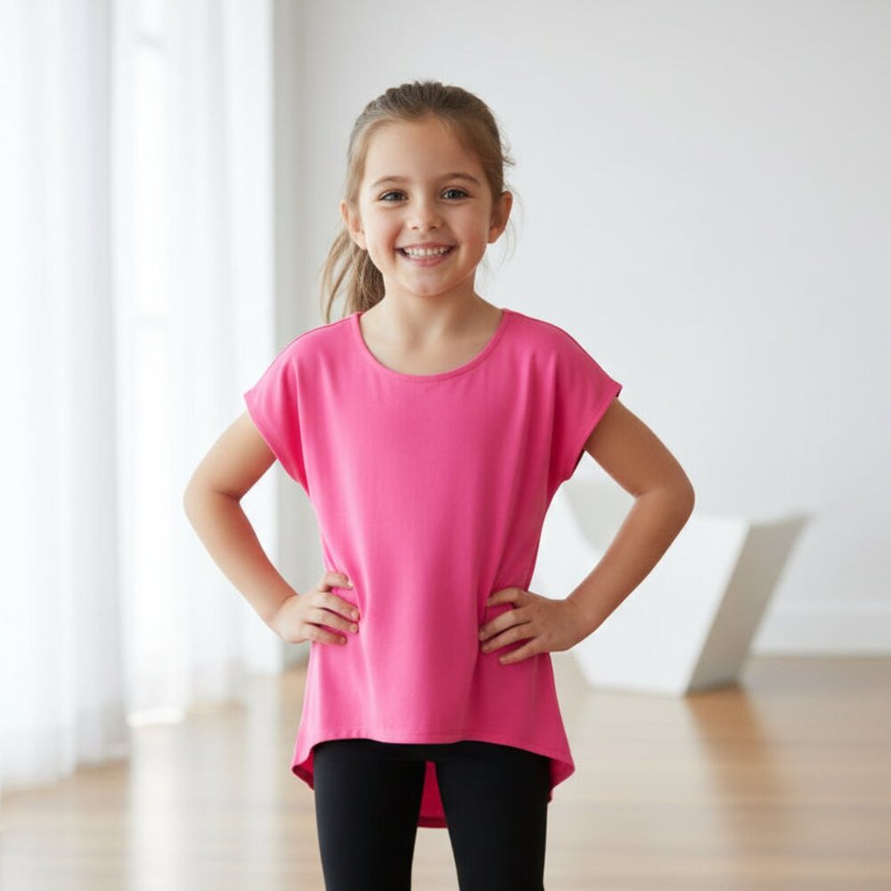💗8/10 New Girls Solid Pink Top, Kids Short Sleeve Shirt, High-Low Hem